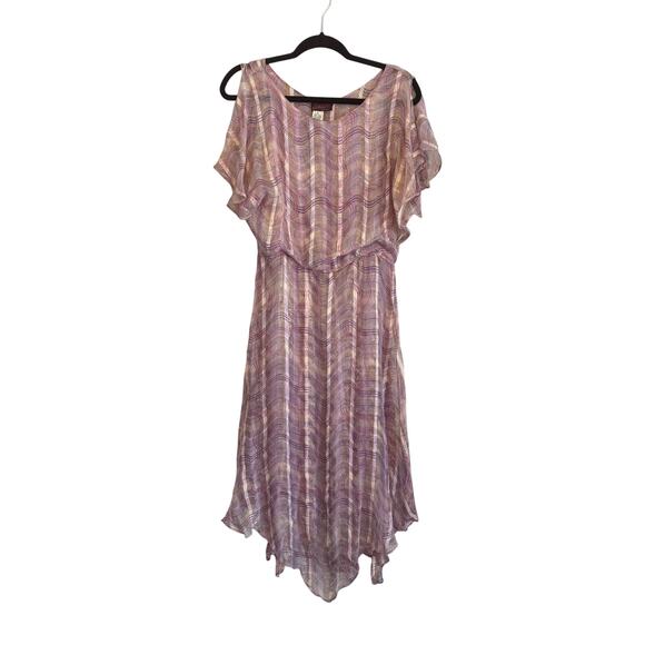 Vintage 90s Adrianna Maxi Dress Womens 8 Purple Midi Silk Metallic Flutter Sheer - Picture 1 of 10